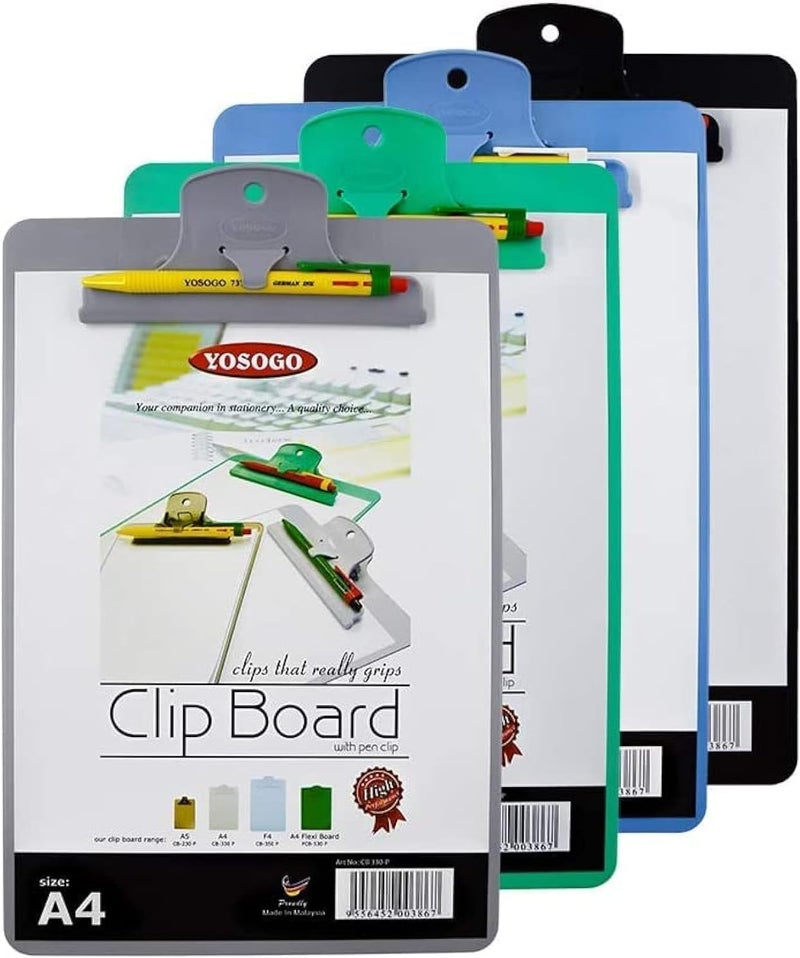 Yosogo A4/Letter Size Plastic Clipboard â€“ 2 Pack with Handy Pen Holder & Bonus Pen â€“ Holds up to 40 Sheets â€“ Durable Plastic â€“ Writing, Office, Stationary, School Supplies Set - Image 1